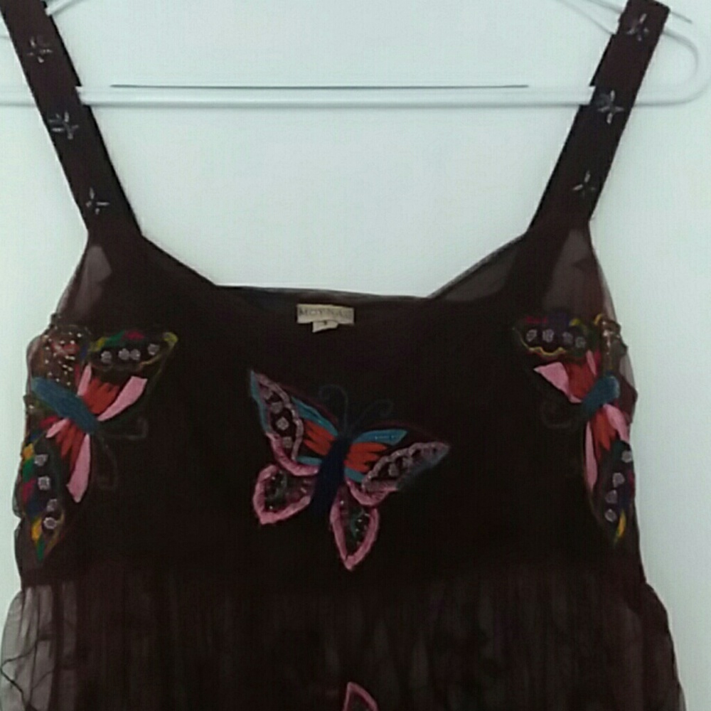 Sheer Brown Beaded Vintage Moyna Tank w/Butterfly